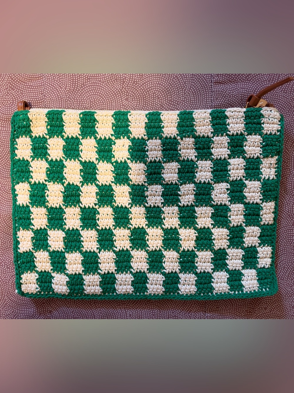 Clare V - Flat clutch with tabs in green and cream crochet